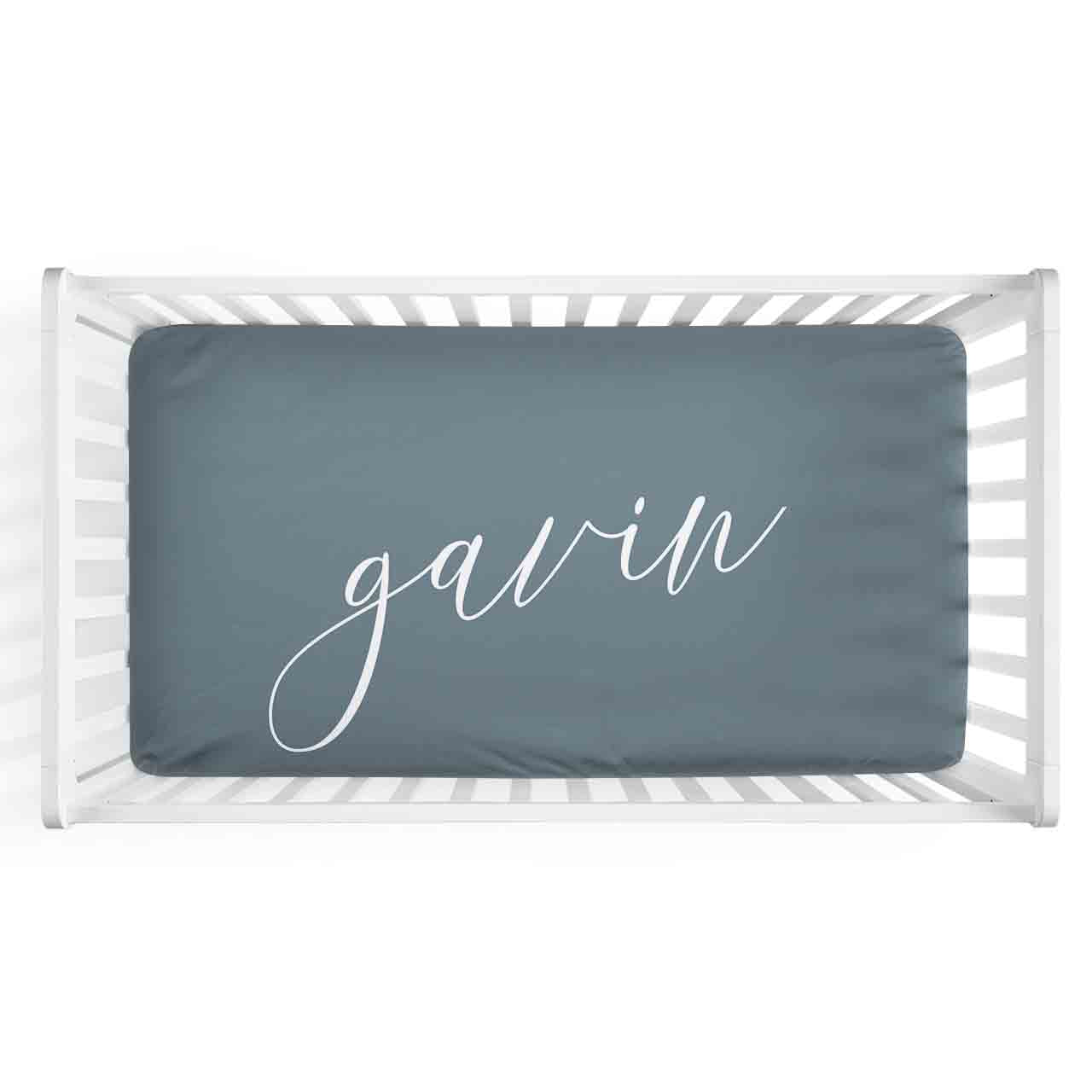 Personalized Baby Name Dusty Blue Color Jersey Knit Crib Sheet in Centered Script