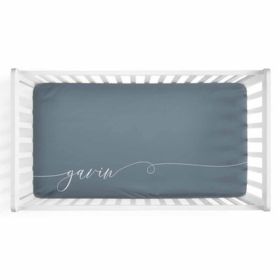 Personalized Baby Name Dusty Blue Color Jersey Knit Crib Sheet in Swash Line Script