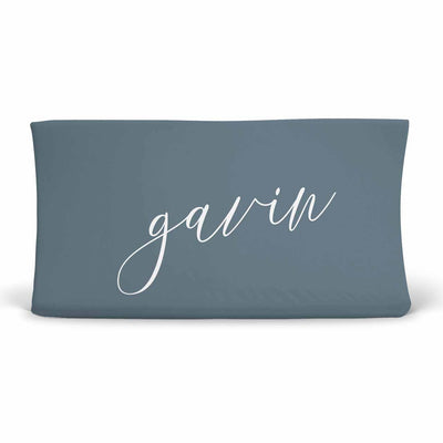 Personalized Dusty Blue Jersey Knit Changing Table Cover with Script