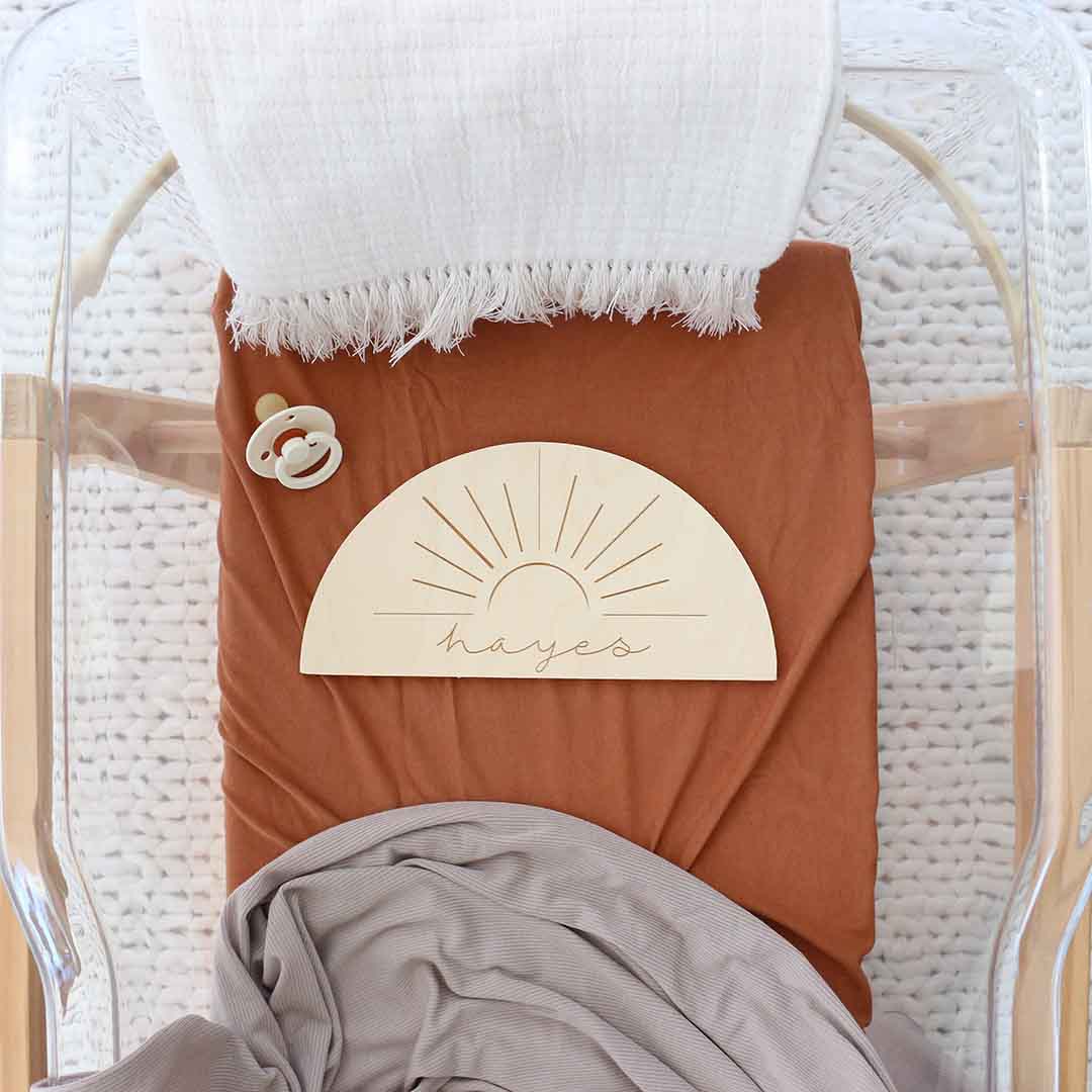 Personalized Half Moon Wood Announcement | Sun