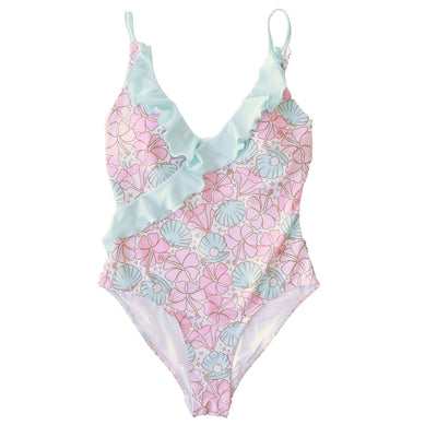 bright floral one-piece with ruffles women's swimsuit