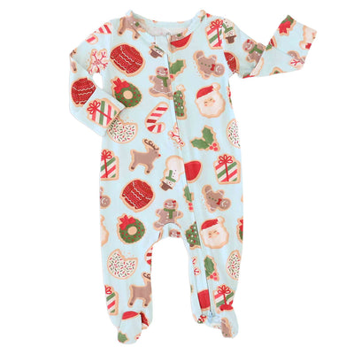 christmas cookie print on blue bamboo footie