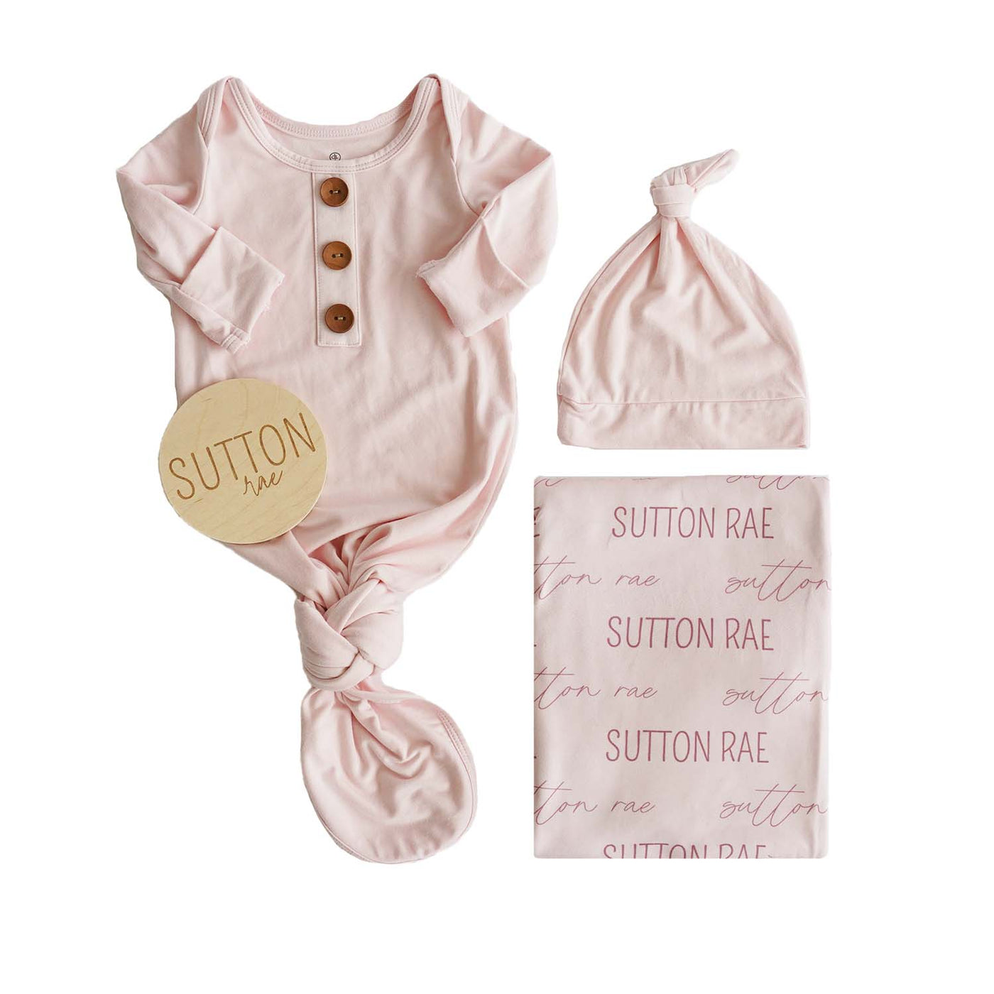 blush knot gown, personalized swaddle and wood sign bundle 