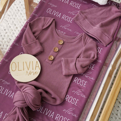 berry baby knot gown, personalized swaddle and wood sign bundle
