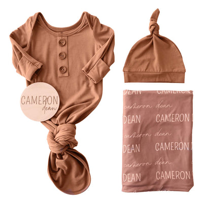 camel gown with hat for baby, swaddle blanket and wood sign bundle 