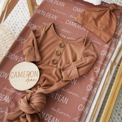 camel baby knot gown, personalized swaddle and wood sign bundle 