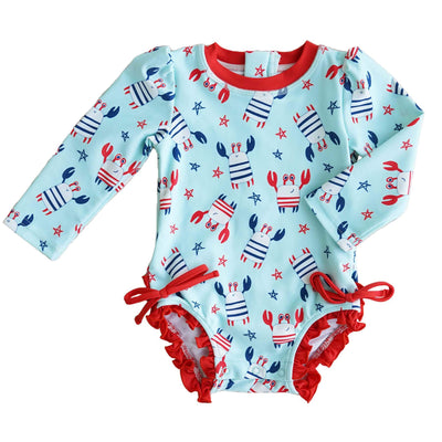 long sleeve rash guard with ruffle bottom party crabs 