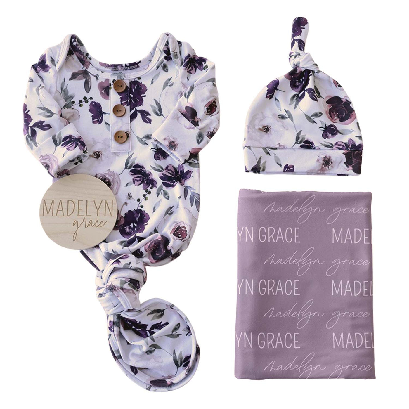dusty purple floral knot gown, swaddle and wood sign bundle 
