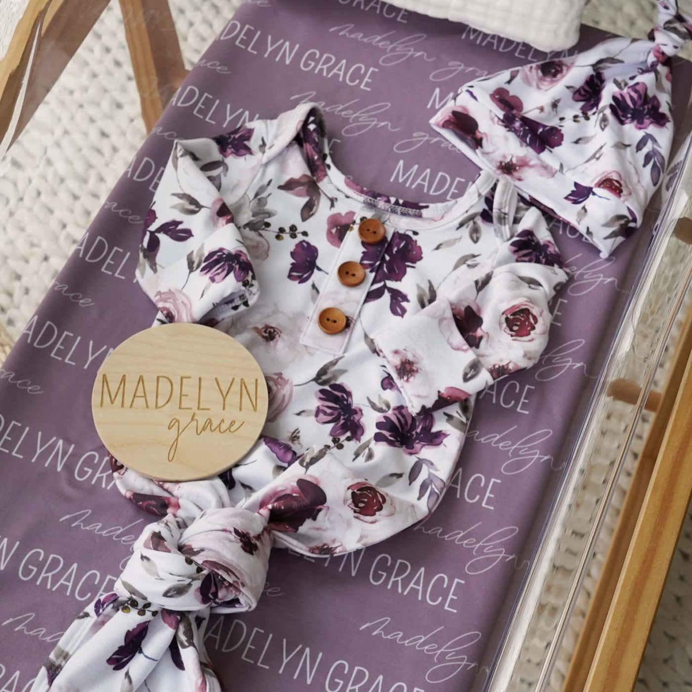 dusty purple baby knot gown, personalized swaddle and wood sign bundle 