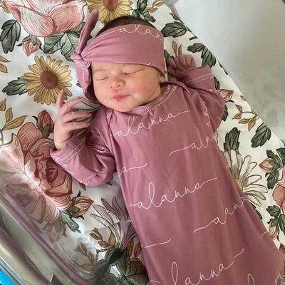 dusty rose newborn knotted gown with baby name