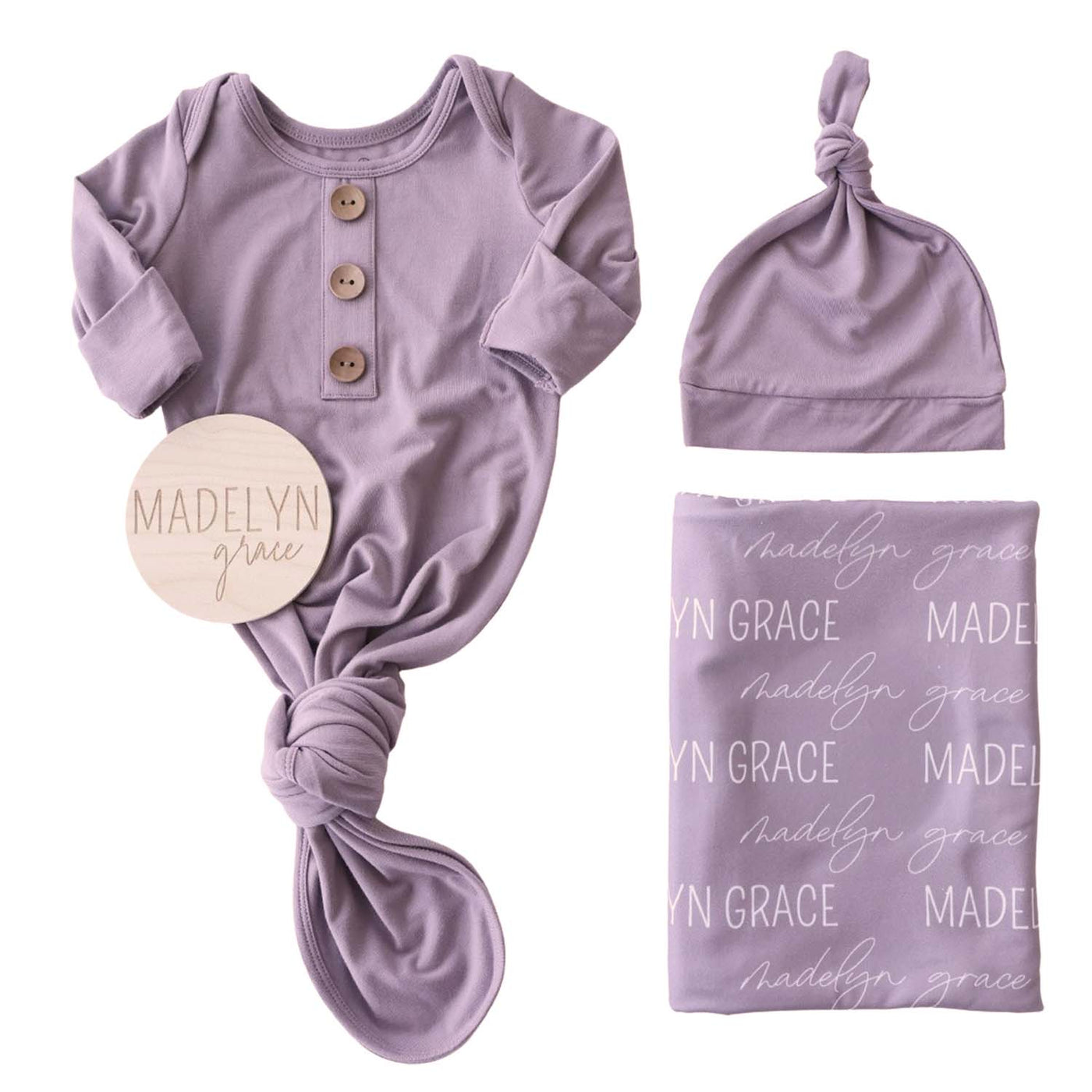 dusty purple knot gown, personalized swaddle and wood sign bundle 