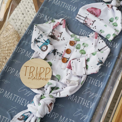 farm knot gown, personalized swaddle and wood sign bundle 