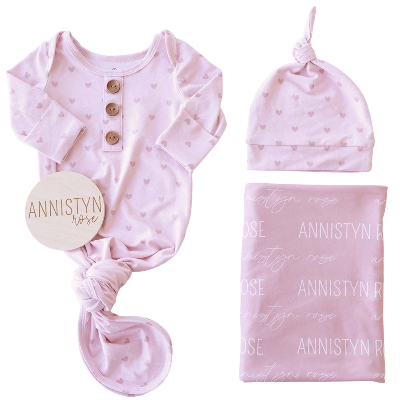 pink knot gown bundle with swaddle and wood sign