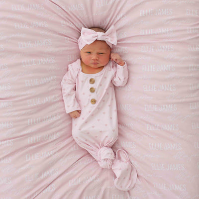 pink heart baby knot gown and hat set 