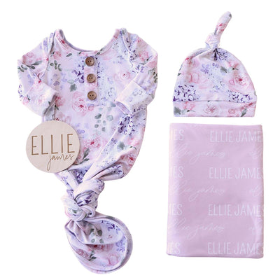 hydrangea baby gown bundle with personalized swaddle and wood sign 