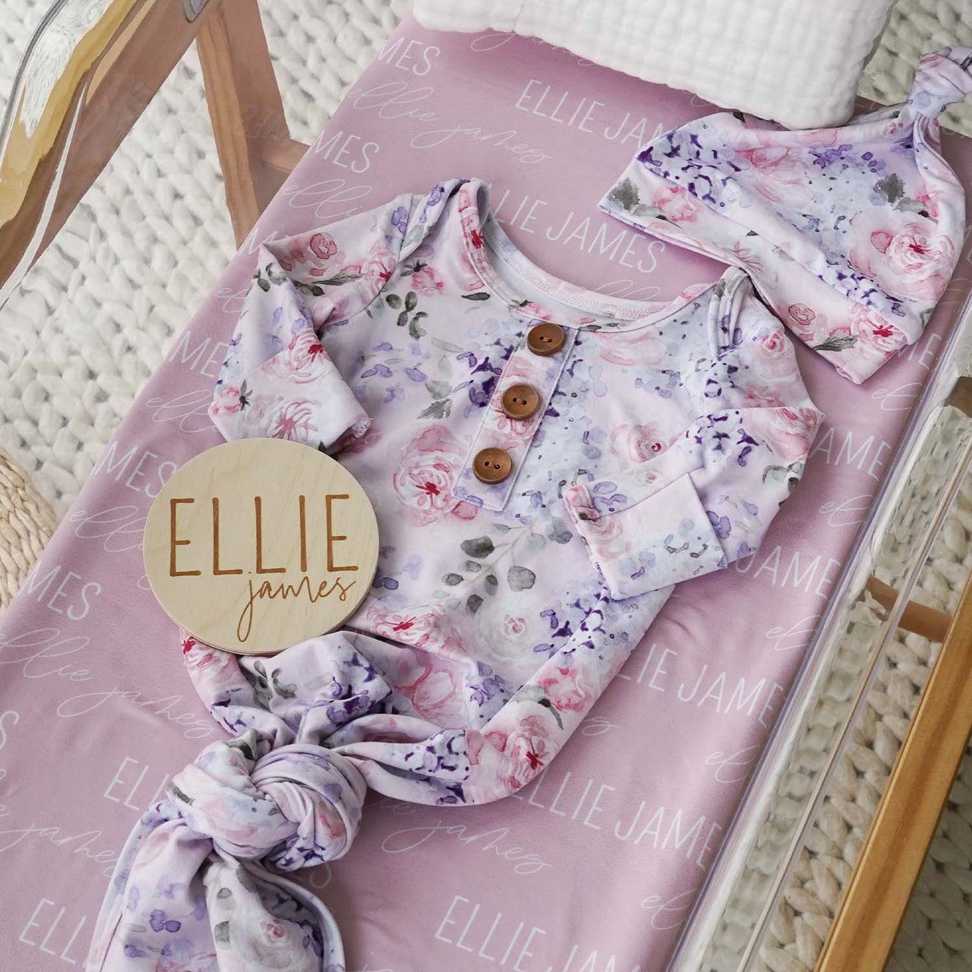 hydrangea baby gown bundle with swaddle blanket and wood sign 