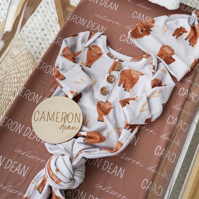 highland cow gown, personalized swaddle and wood sign bundle 