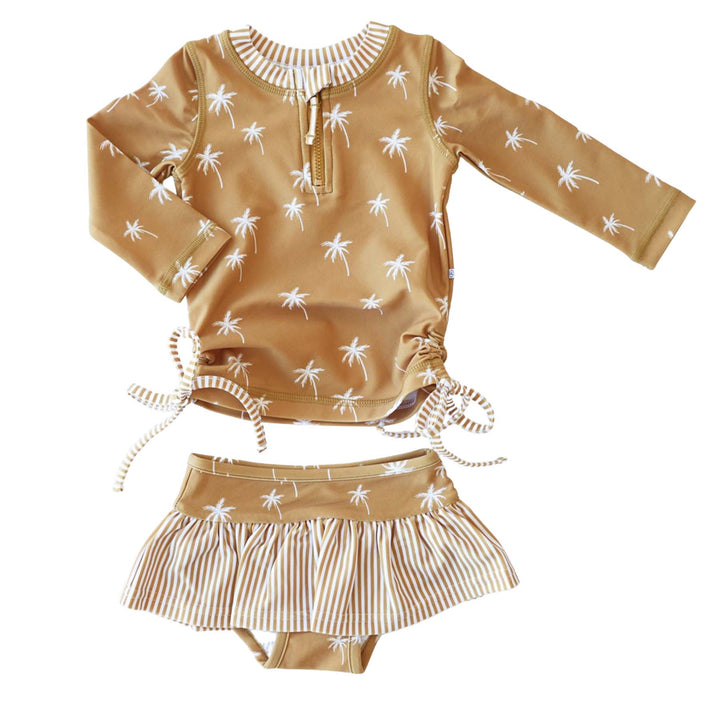 kids mustard rash guard with ruffle skirt