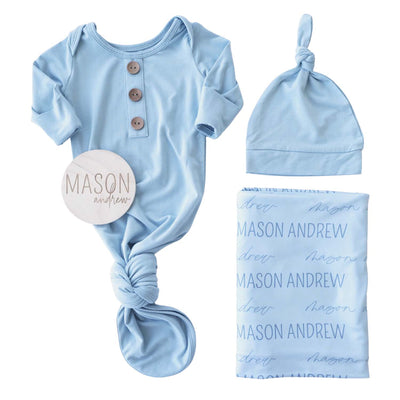 light dusty blue knot gown, swaddle and wood sign bundle 