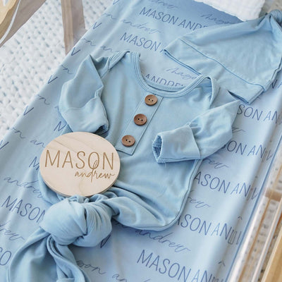 light dusty blue knot gown, personalized swaddle and wood sign bundle 