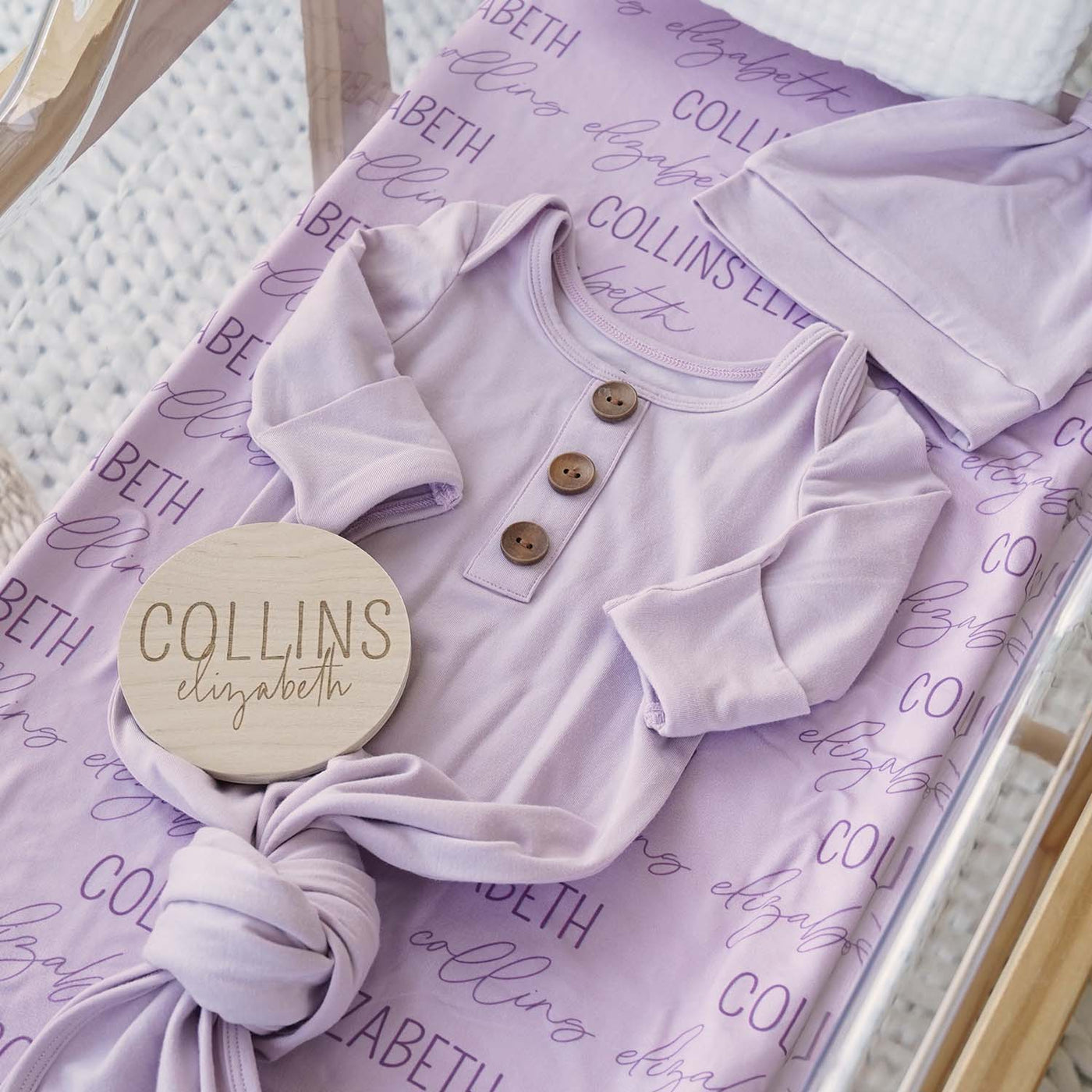 light lavender knot gown bundle with swaddle and wood sign 
