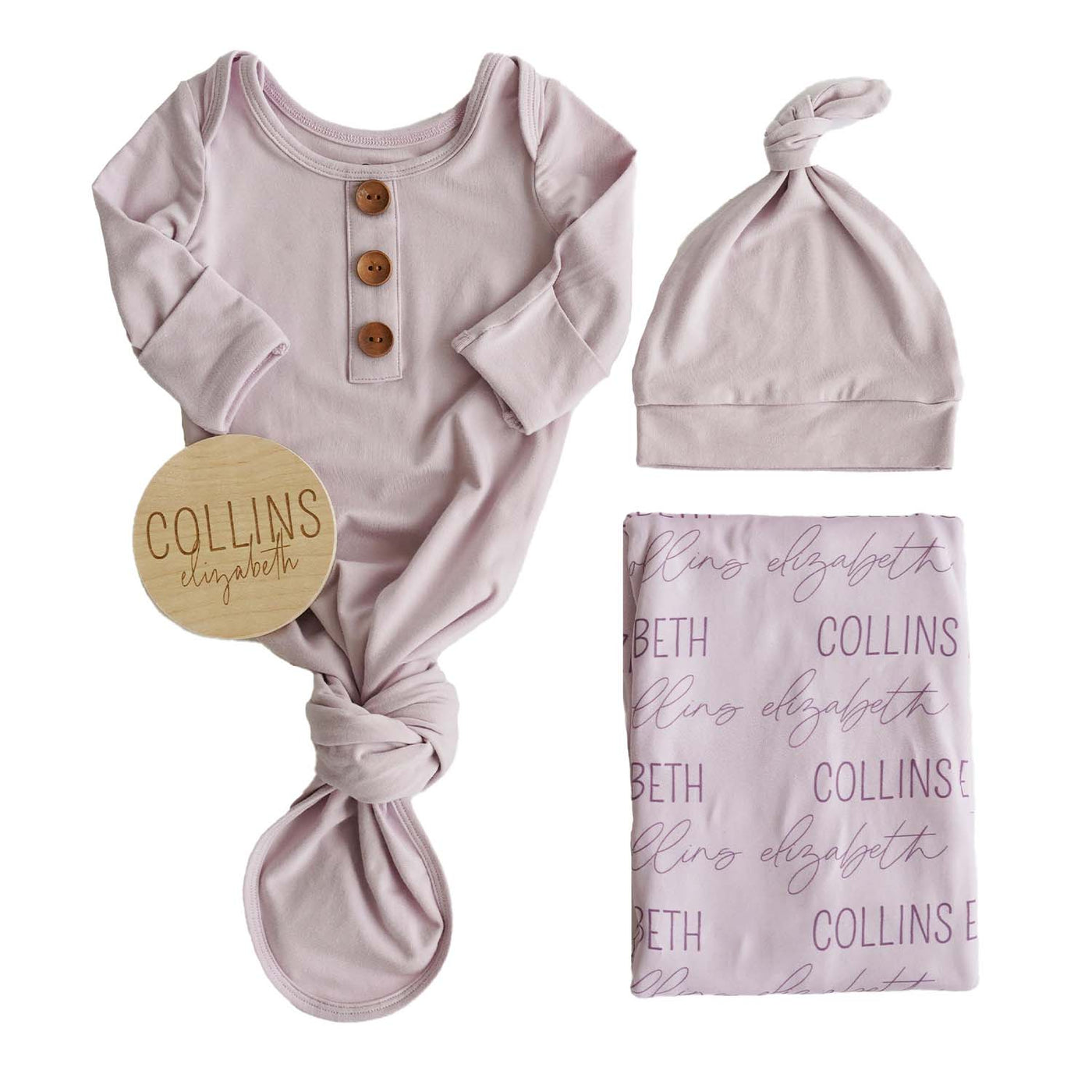 light purple knot gown bundle with swaddle and wood sign 