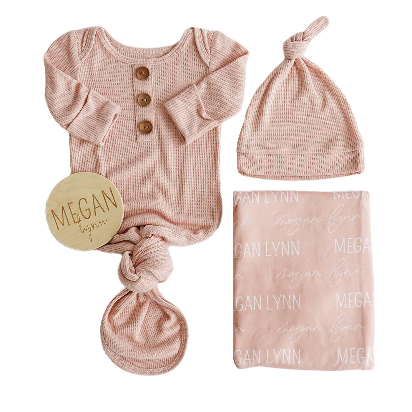 lovely pink knot gown bundle with swaddle and wood sign 