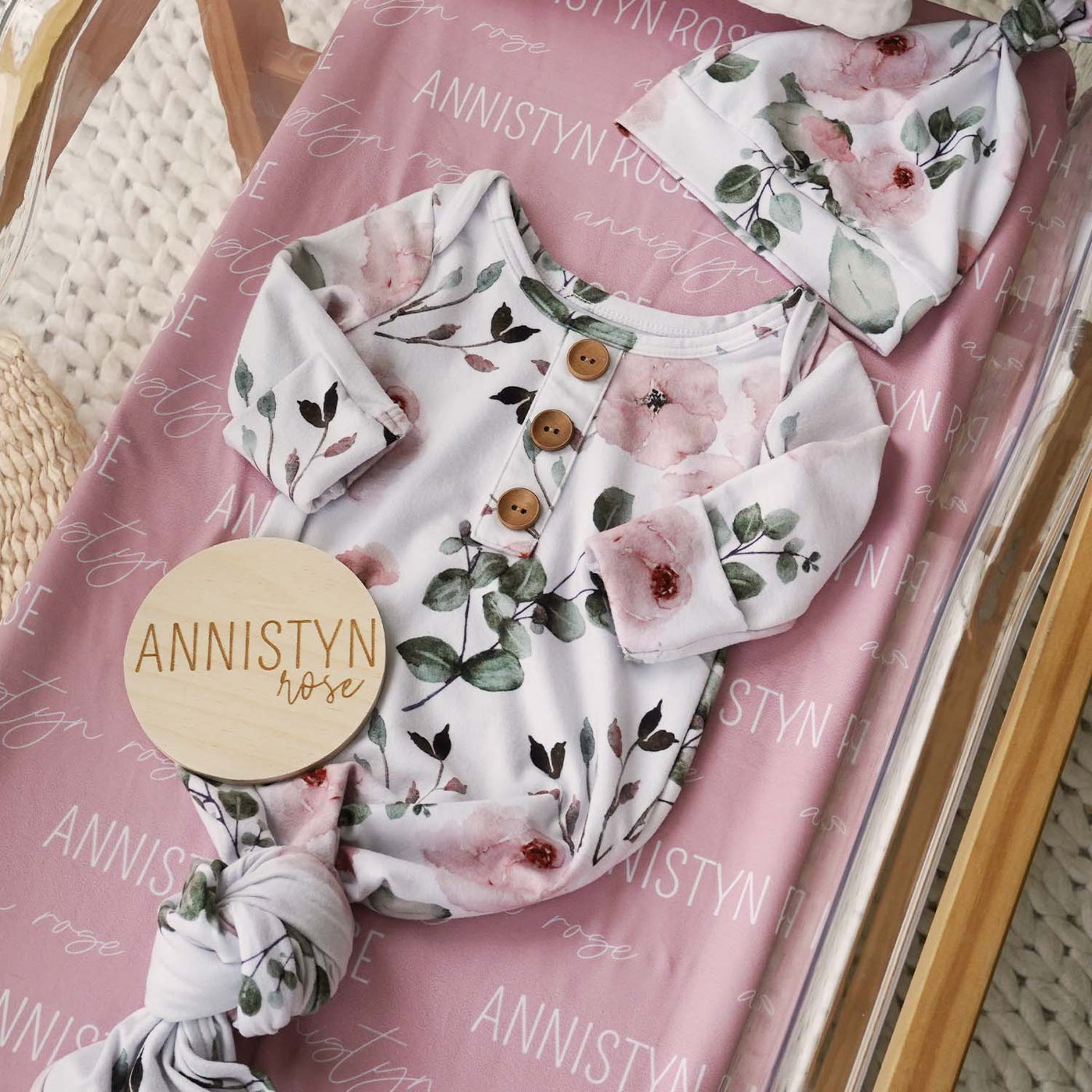 millie's floral baby gown bundle with swaddle and wood sign 