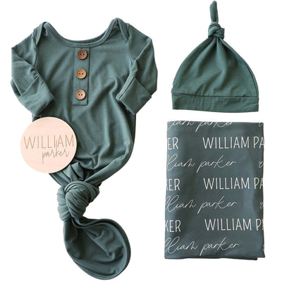 emerald knot gown, personalized swaddle and wood sign bundle 