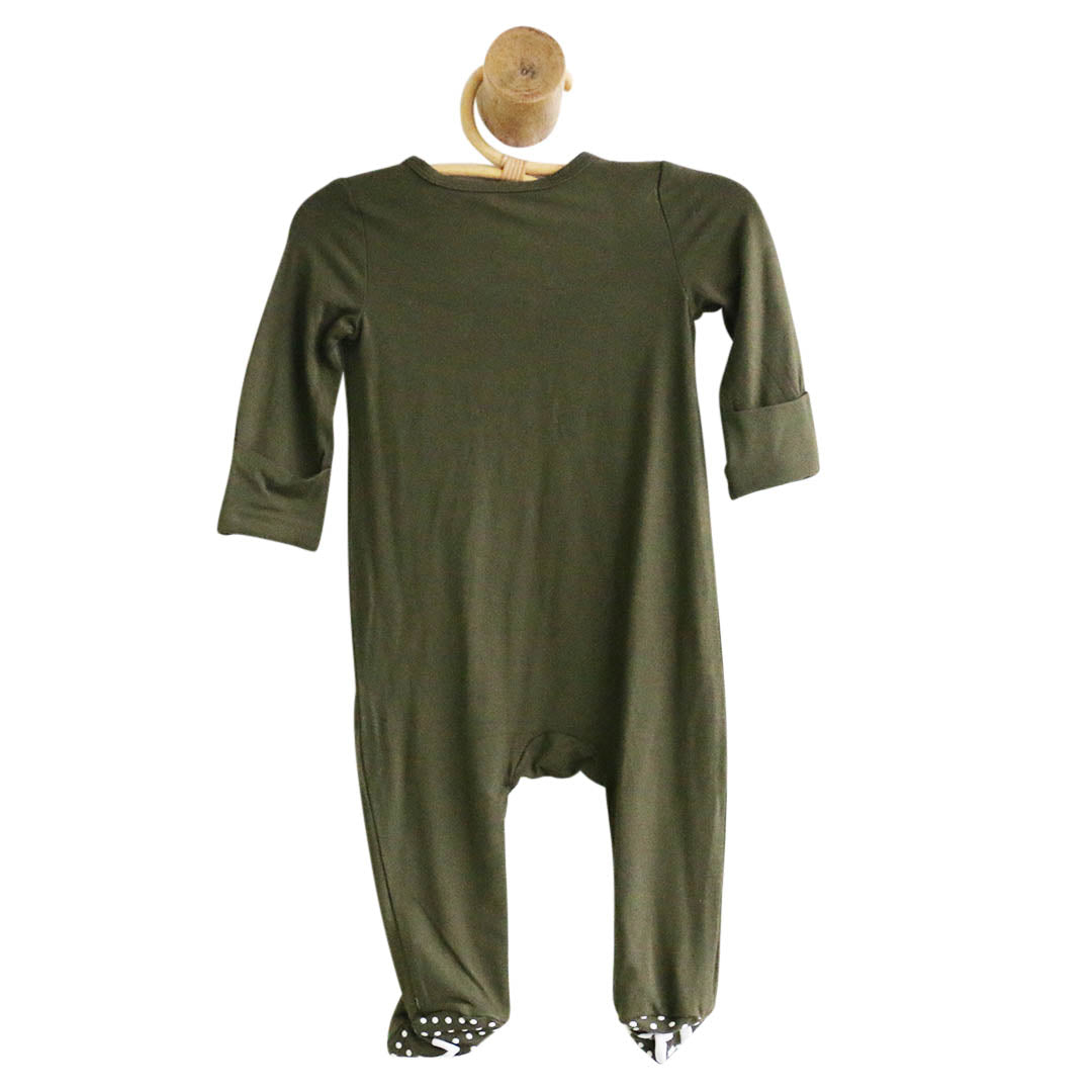 olive green zipper footie with grips for babies