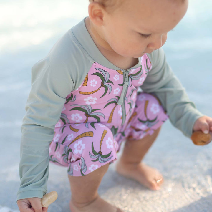 palm party long sleeve rash guard swim romper shortie 