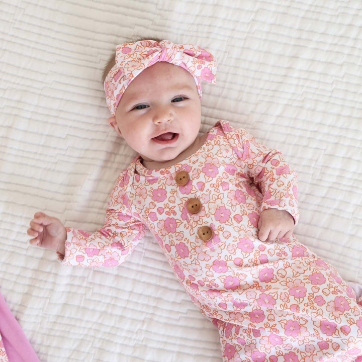 pink floral knot gown and hat set 