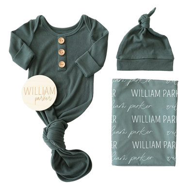 forest green baby gown, swaddle and wood sign bundle 