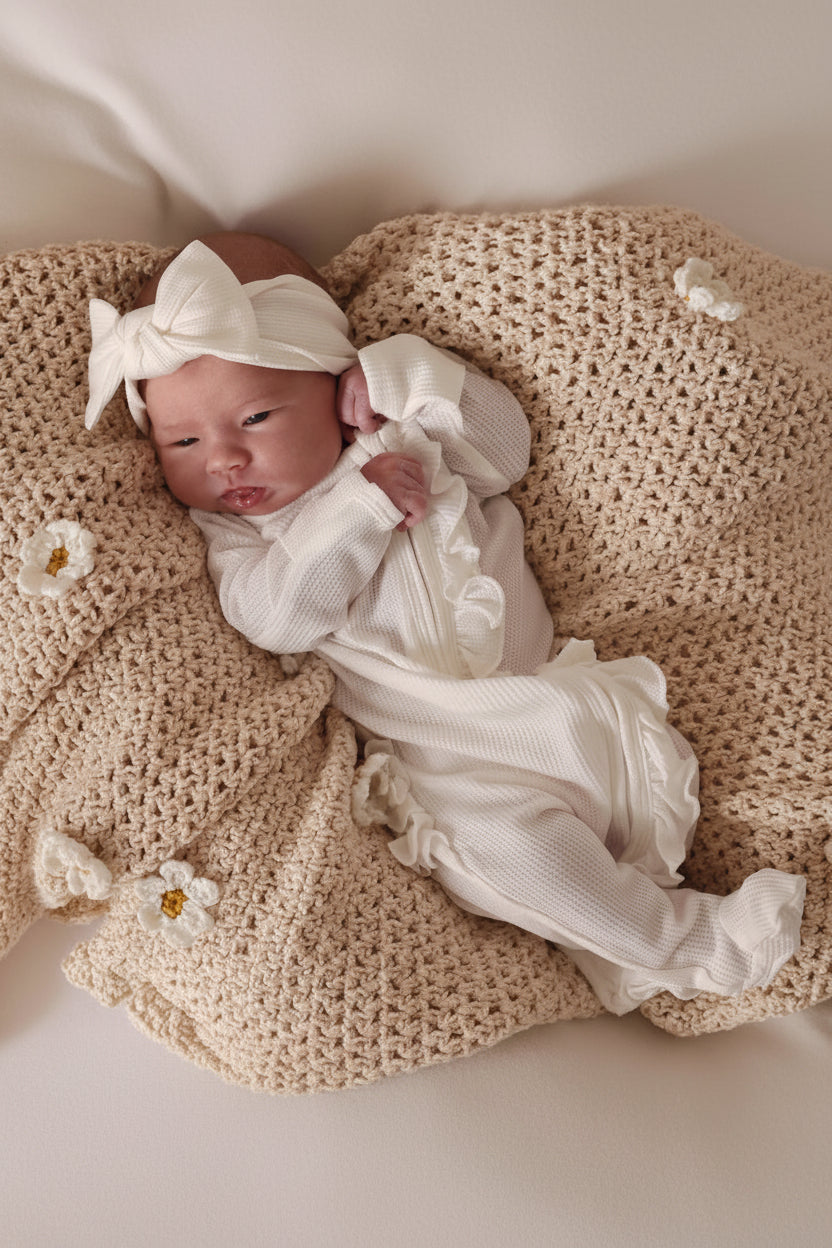 Cloud White Bamboo Waffle Zipper Ruffle One-Piece Footie Caden Lane