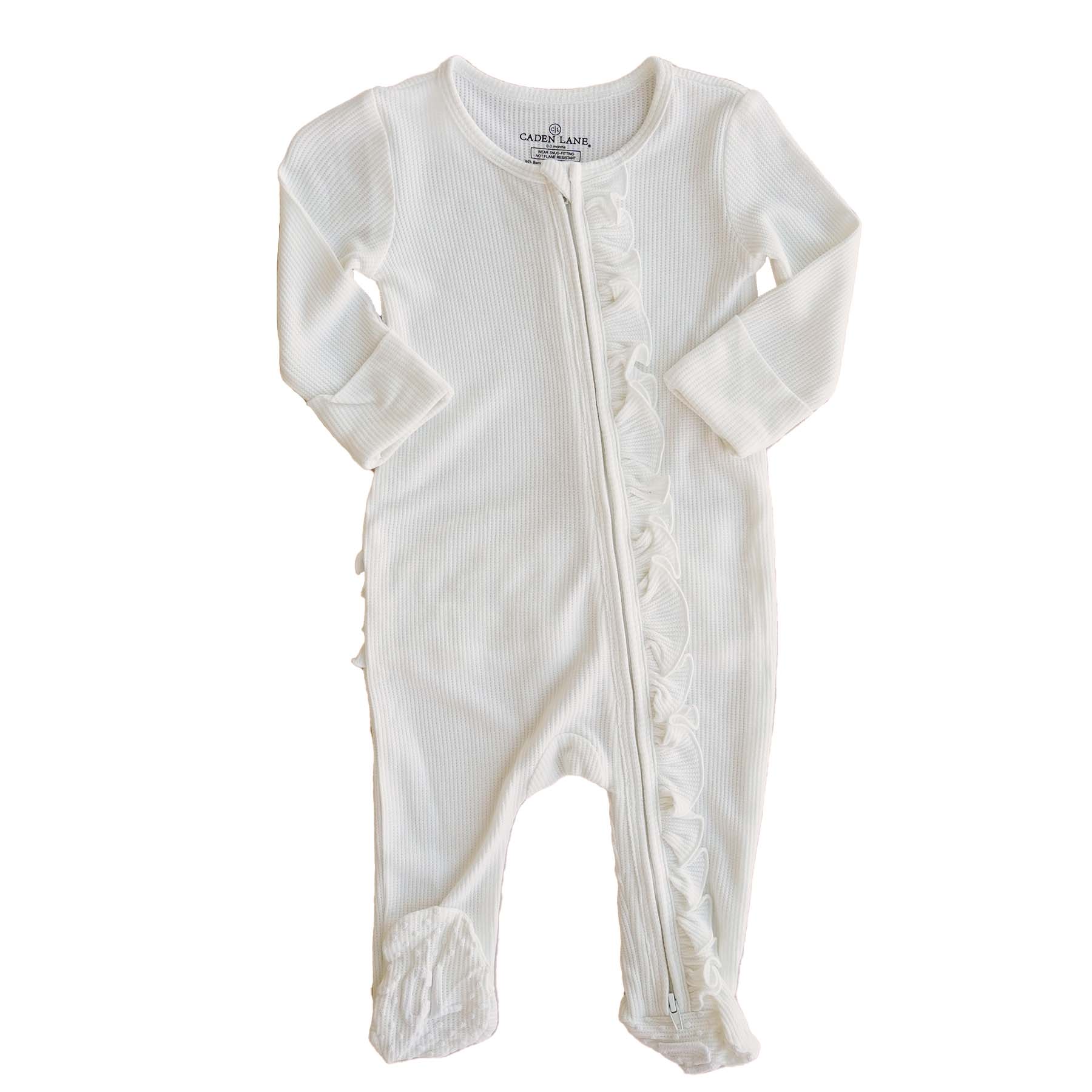 cloud white waffle bamboo ruffle zipper footie 