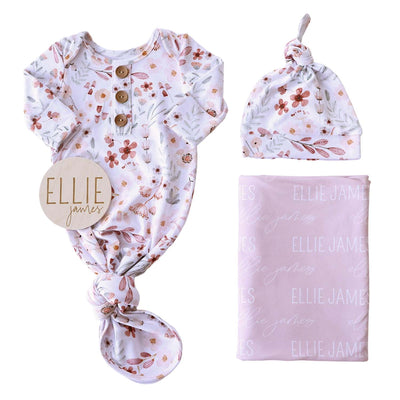 wren's floral gown bundle with swaddle and wood sign 