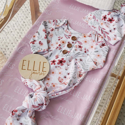 wren's floral bundle with gown, swaddle and wood sign 